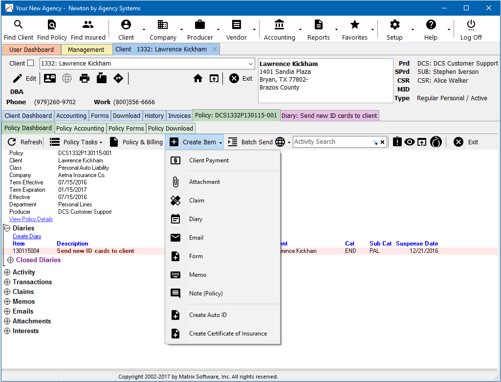 Policy Dashboard – Create Item