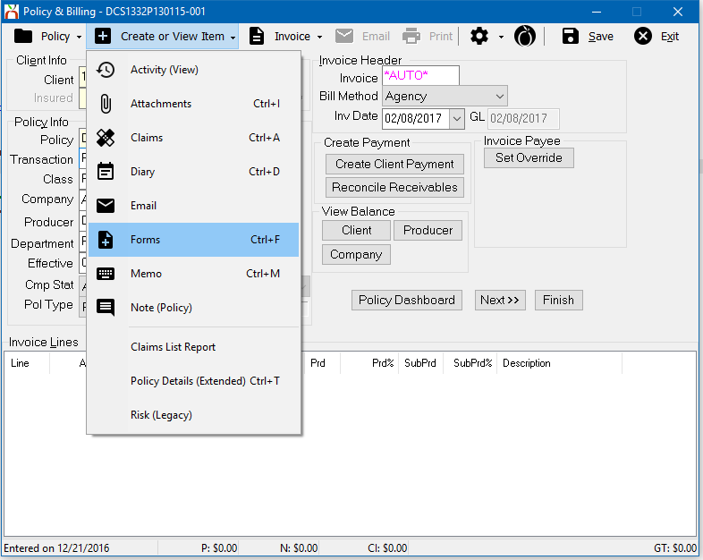 Policy & Billing – Create or View Item