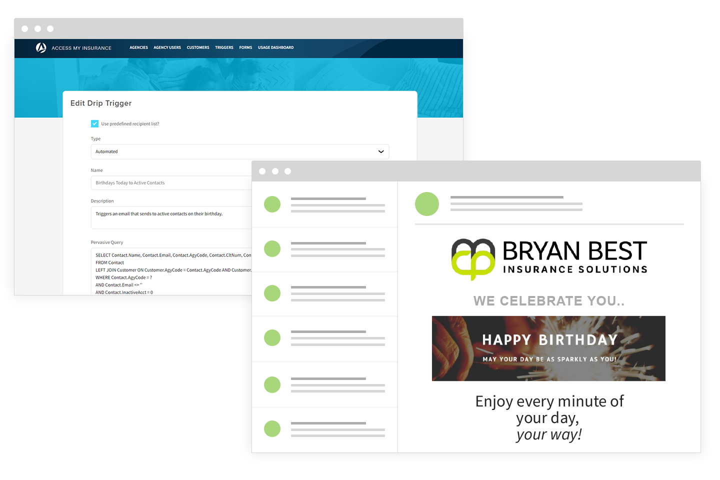 edit screen for automated trigger marketing email and example of the final email